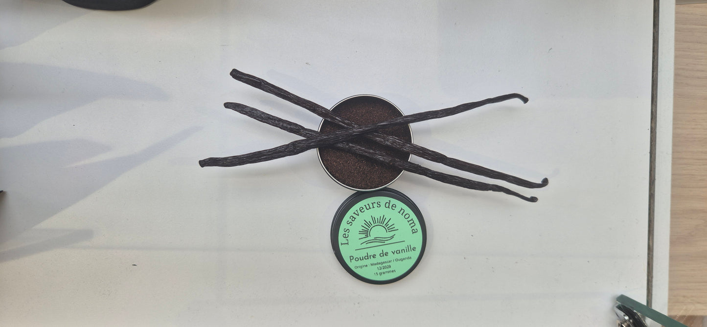 3 gousses de vanille (Madagascar 16 à 18 cm) + poudre de vanille (15 grammes) PACK PROMO